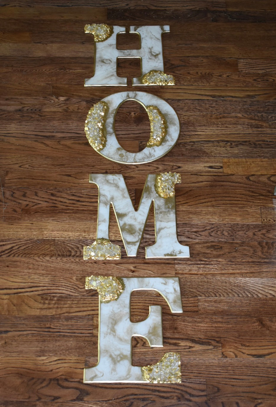 Custom Gold and Marble-Inspired “HOME” Wall Decor with Crushed Glass Accents