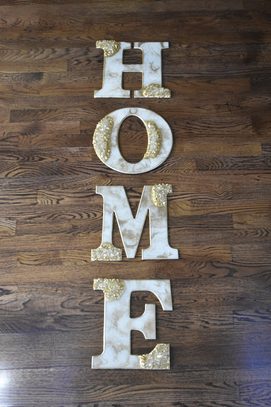 Custom Gold and Marble-Inspired “HOME” Wall Decor with Crushed Glass Accents